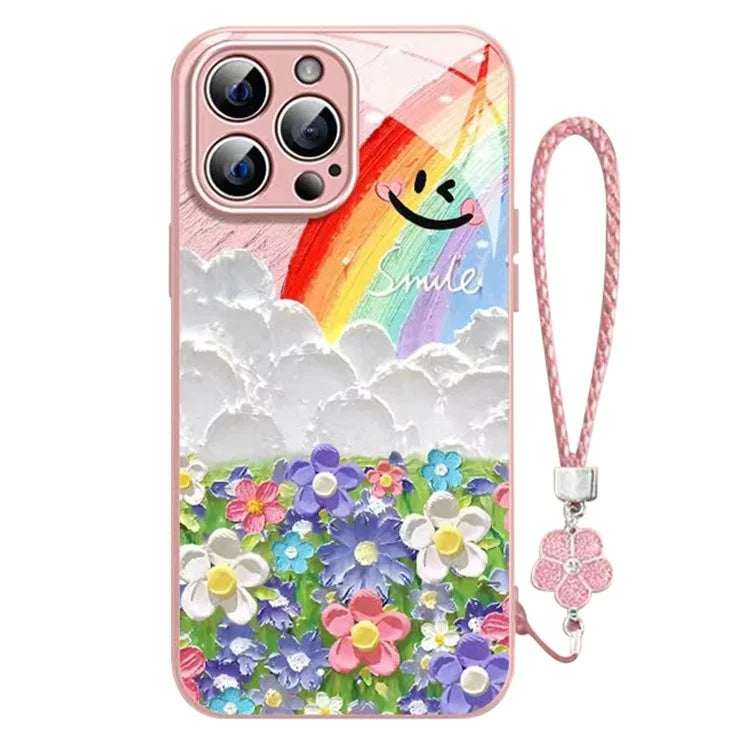 For iPhone 15 Pro Max Shockproof Case Smile Rainbow Pattern Phone Cover with Wrist Strap