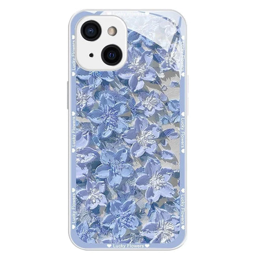 For iPhone 13 Case Oil Painting Flowers Pattern TPU+Tempered Glass Phone Cover