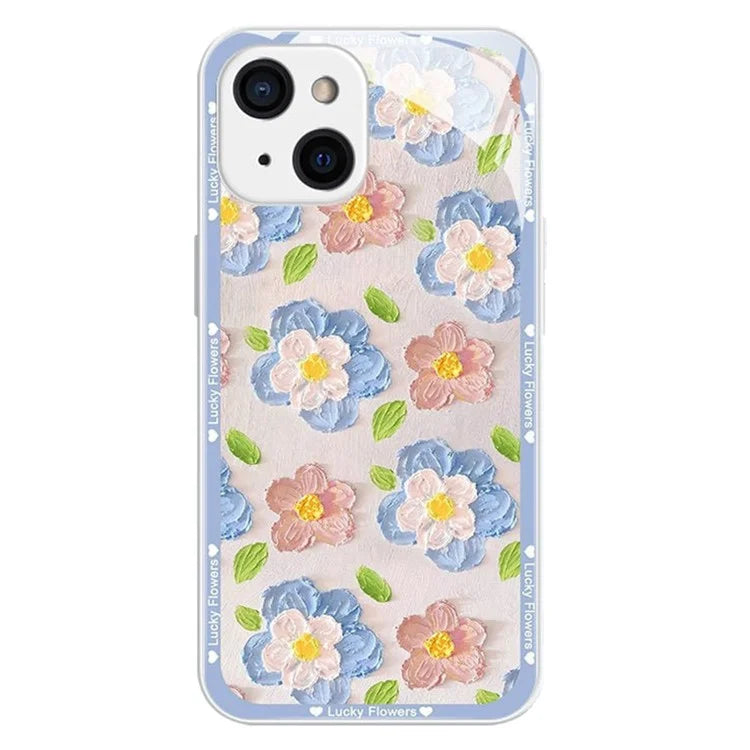 For iPhone 13 Case Oil Painting Flowers Pattern TPU+Tempered Glass Phone Cover