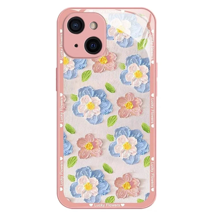 For iPhone 13 Case Oil Painting Flowers Pattern TPU+Tempered Glass Phone Cover