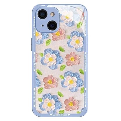 For iPhone 13 Case Oil Painting Flowers Pattern TPU+Tempered Glass Phone Cover