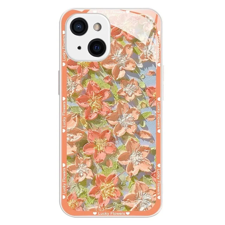 For iPhone 13 Case Oil Painting Flowers Pattern TPU+Tempered Glass Phone Cover