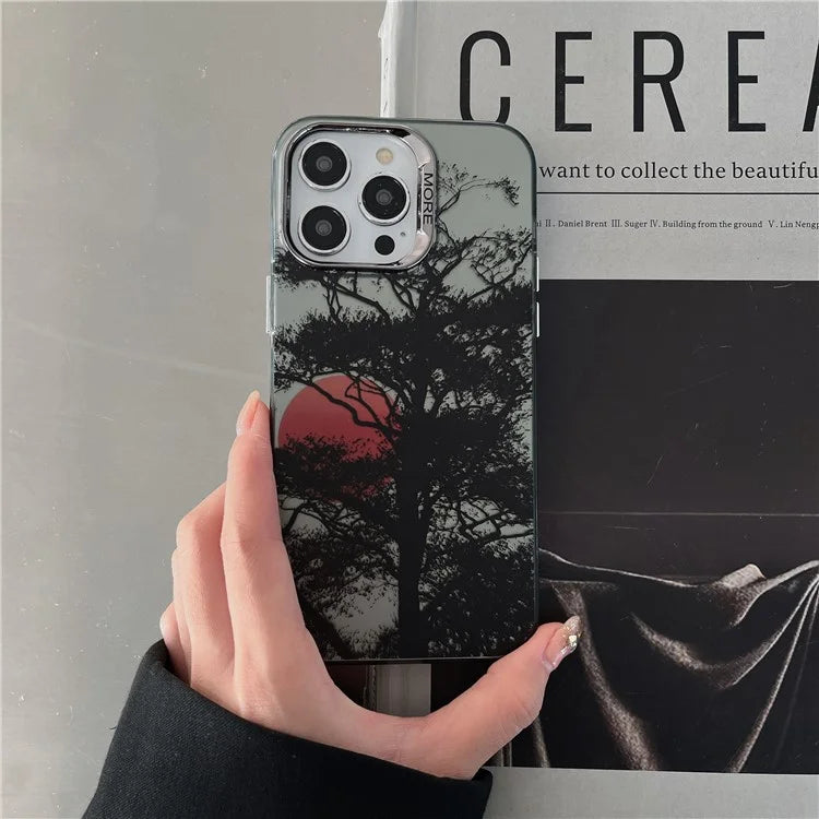 For iPhone 13 Pro Electroplating Case PC+TPU Phone Cover Tree Sunset Pattern