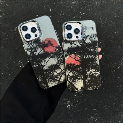 For iPhone 13 Pro Electroplating Case PC+TPU Phone Cover Tree Sunset Pattern