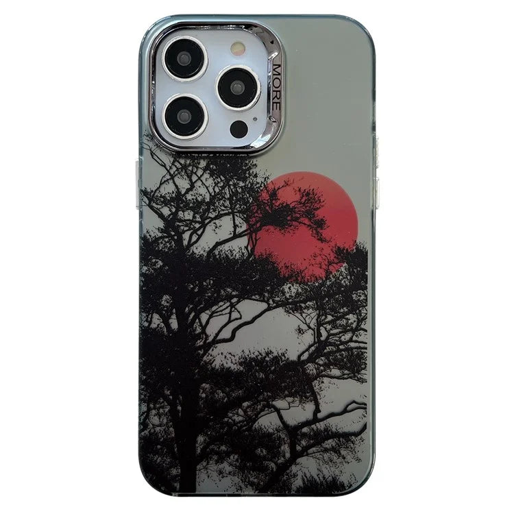 For iPhone 15 Pro Case Tree Sunset Pattern PC+TPU Electroplating Phone Cover