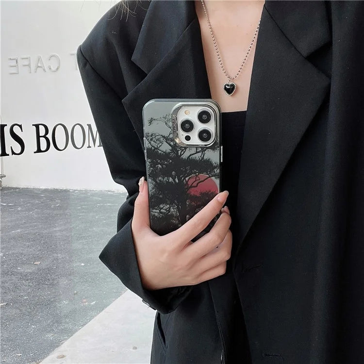 For iPhone 15 Pro Case Tree Sunset Pattern PC+TPU Electroplating Phone Cover