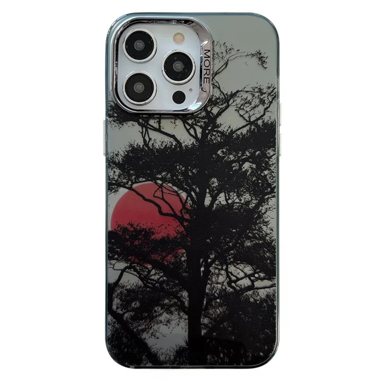 For iPhone 15 Pro Case Tree Sunset Pattern PC+TPU Electroplating Phone Cover