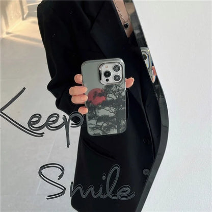 For iPhone 15 Pro Case Tree Sunset Pattern PC+TPU Electroplating Phone Cover
