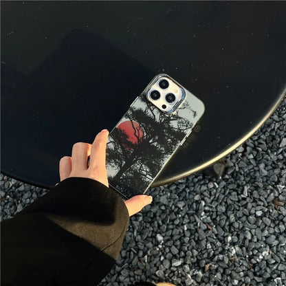 For iPhone 15 Pro Case Tree Sunset Pattern PC+TPU Electroplating Phone Cover
