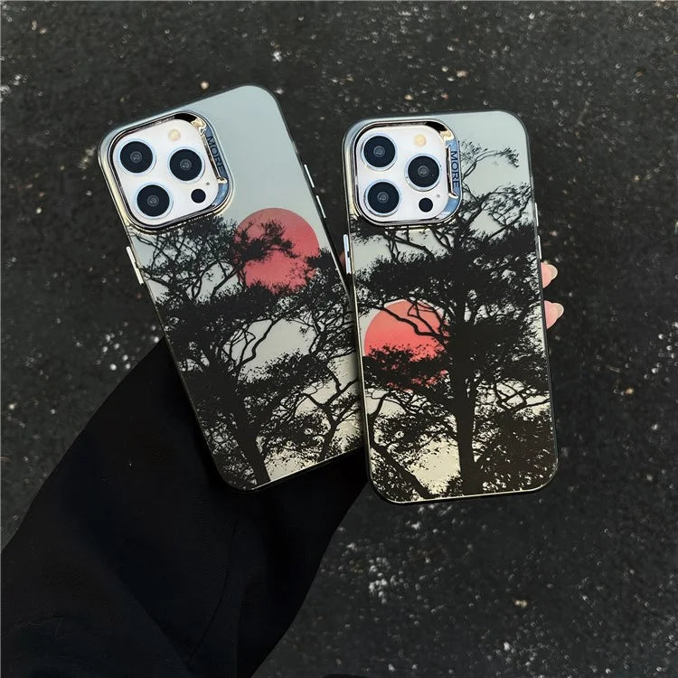 For iPhone 15 Pro Case Tree Sunset Pattern PC+TPU Electroplating Phone Cover