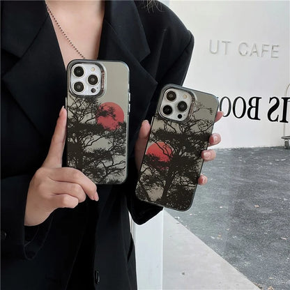 For iPhone 15 Pro Case Tree Sunset Pattern PC+TPU Electroplating Phone Cover