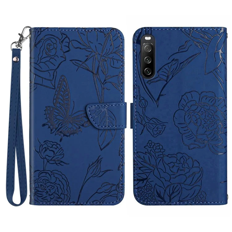 HT03 For Sony Xperia 10 VI Leather Case Butterfly Flower Wallet Phone Cover with Wrist Strap