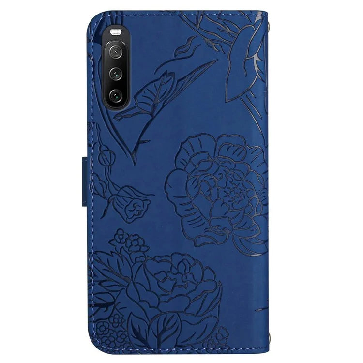 HT03 For Sony Xperia 10 VI Leather Case Butterfly Flower Wallet Phone Cover with Wrist Strap