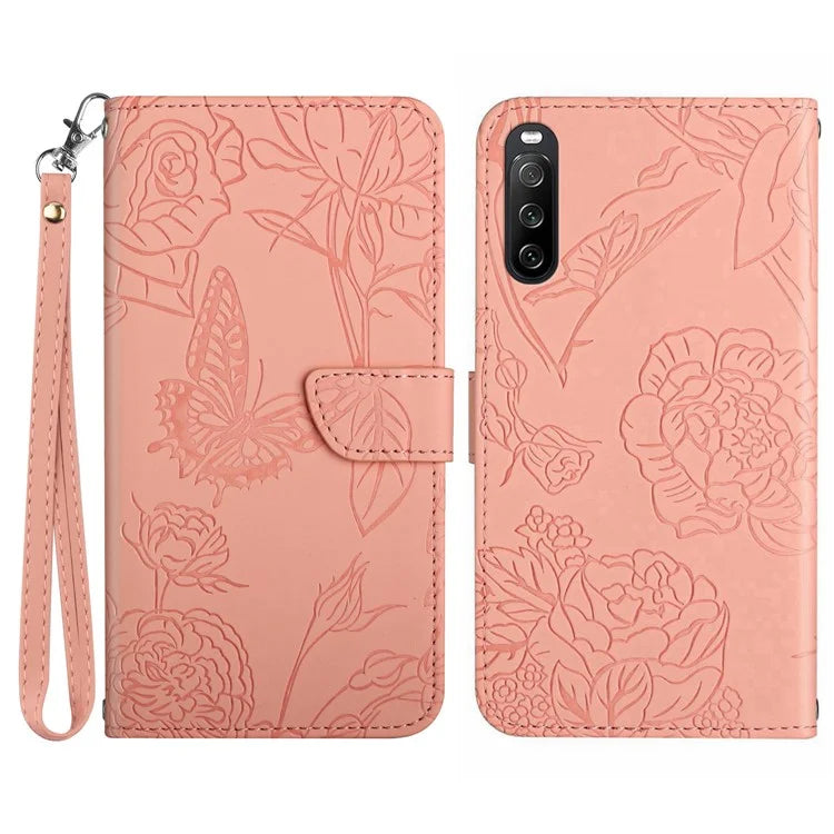 HT03 For Sony Xperia 10 VI Leather Case Butterfly Flower Wallet Phone Cover with Wrist Strap