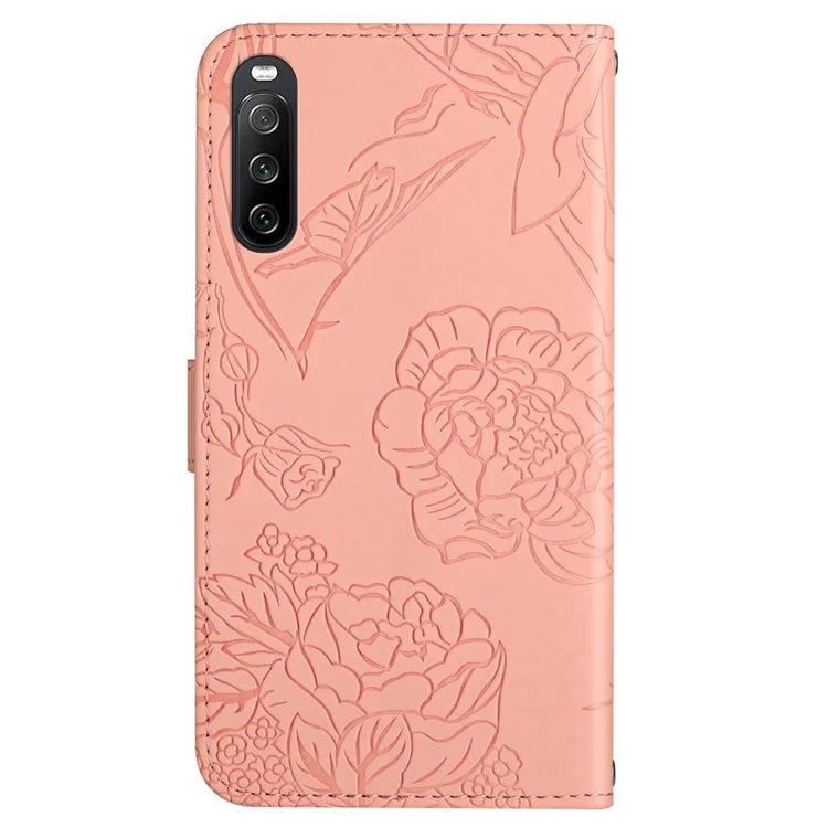 HT03 For Sony Xperia 10 VI Leather Case Butterfly Flower Wallet Phone Cover with Wrist Strap