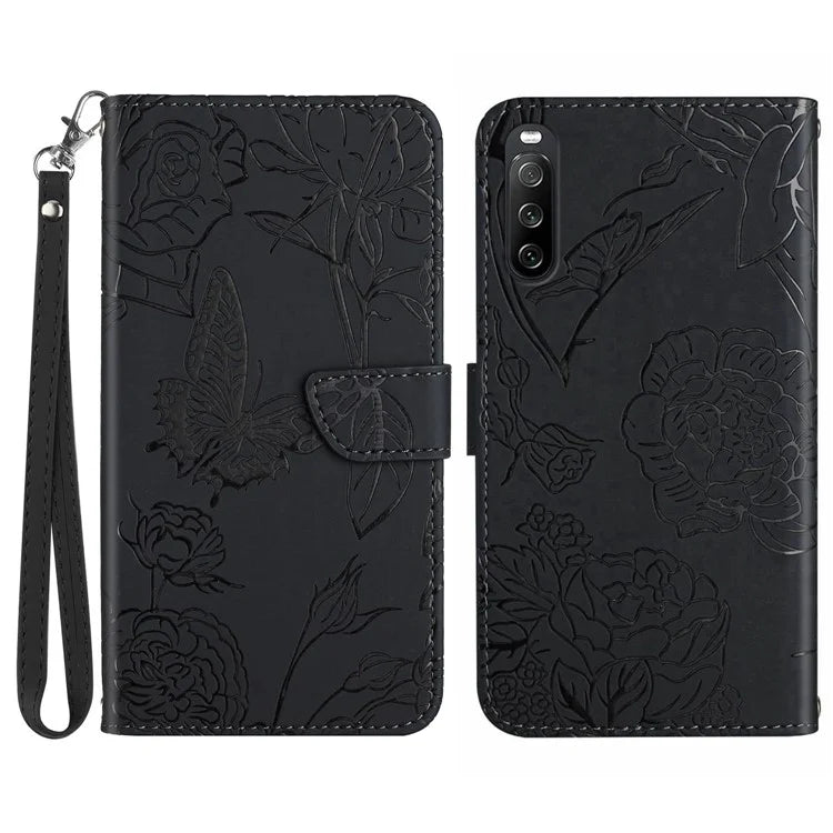 HT03 For Sony Xperia 10 VI Leather Case Butterfly Flower Wallet Phone Cover with Wrist Strap