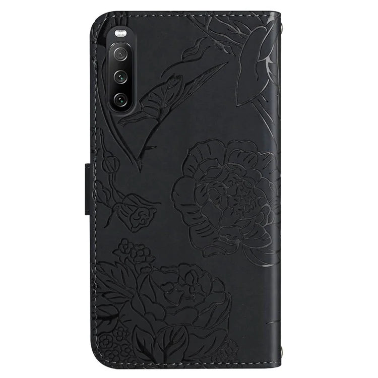 HT03 For Sony Xperia 10 VI Leather Case Butterfly Flower Wallet Phone Cover with Wrist Strap