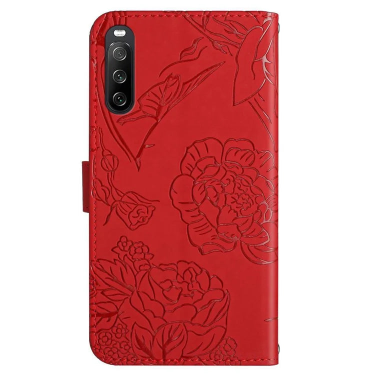HT03 For Sony Xperia 10 VI Leather Case Butterfly Flower Wallet Phone Cover with Wrist Strap