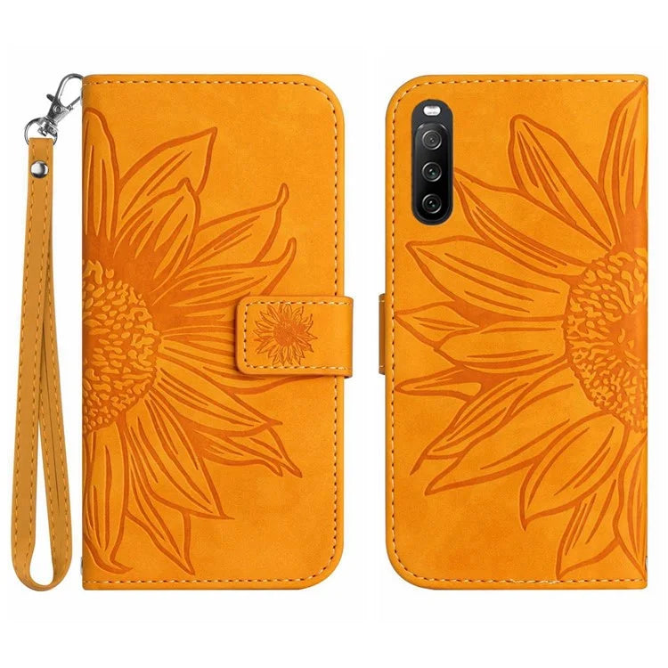 HT04 For Sony Xperia 10 VI Leather Case with Wrist Strap Sunflower Phone Cover