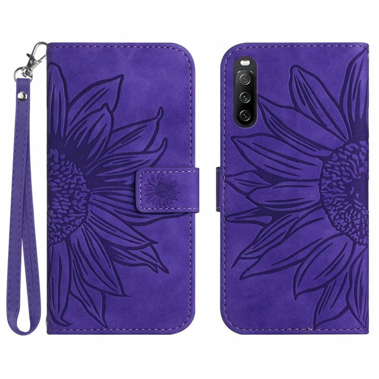 HT04 For Sony Xperia 10 VI Leather Case with Wrist Strap Sunflower Phone Cover