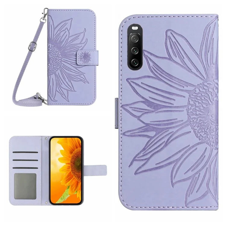 HT04 For Sony Xperia 10 VI Case Sunflower Leather Magnetic Flip Phone Cover with Shoulder Strap