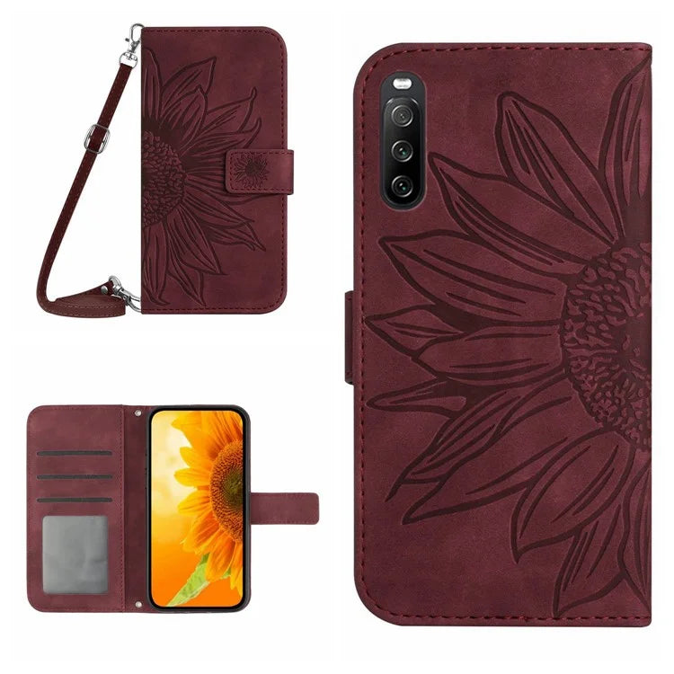 HT04 For Sony Xperia 10 VI Case Sunflower Leather Magnetic Flip Phone Cover with Shoulder Strap