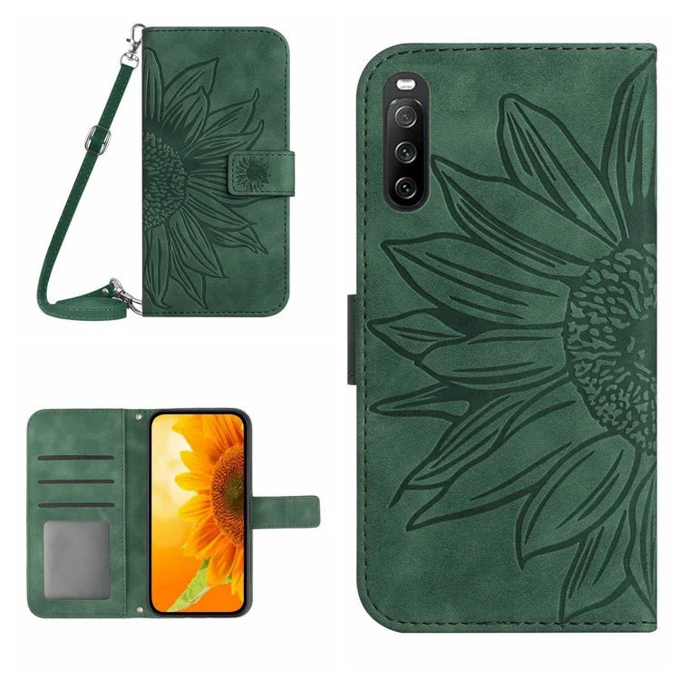 HT04 For Sony Xperia 10 VI Case Sunflower Leather Magnetic Flip Phone Cover with Shoulder Strap