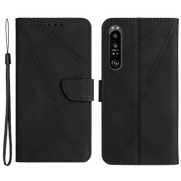 HT05 For Sony Xperia 1 VI Case Lines Imprinted Skin-touch Wallet Leather Phone Cover
