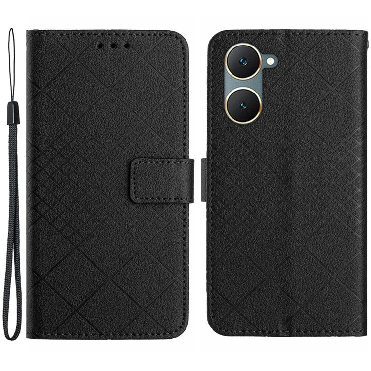 HT06 For vivo Y03 Wallet Phone Case Rhombus Pattern Imprinted Leather Cover