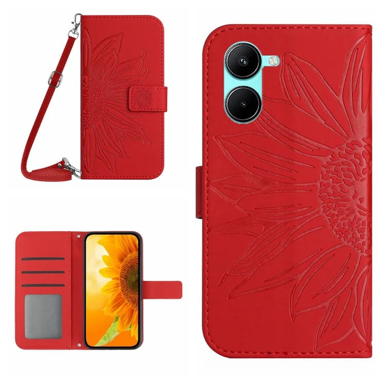HT04 For vivo Y03 Wallet Case Sunflower Skin-touch Leather Phone Cover with Shoulder Strap