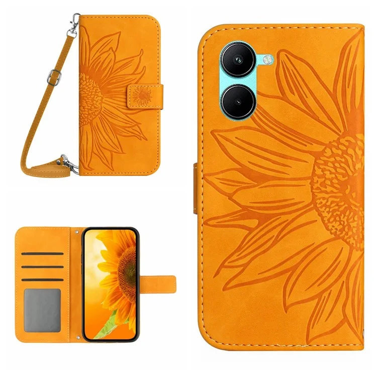 HT04 For vivo Y03 Wallet Case Sunflower Skin-touch Leather Phone Cover with Shoulder Strap