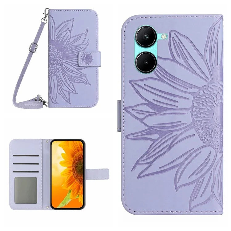 HT04 For vivo Y03 Wallet Case Sunflower Skin-touch Leather Phone Cover with Shoulder Strap