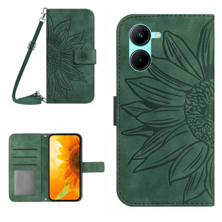 HT04 For vivo Y03 Wallet Case Sunflower Skin-touch Leather Phone Cover with Shoulder Strap