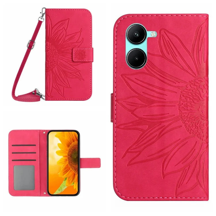 HT04 For vivo Y03 Wallet Case Sunflower Skin-touch Leather Phone Cover with Shoulder Strap