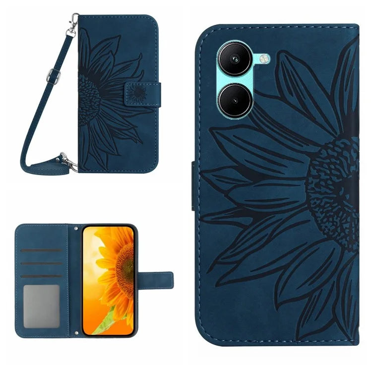 HT04 For vivo Y03 Wallet Case Sunflower Skin-touch Leather Phone Cover with Shoulder Strap