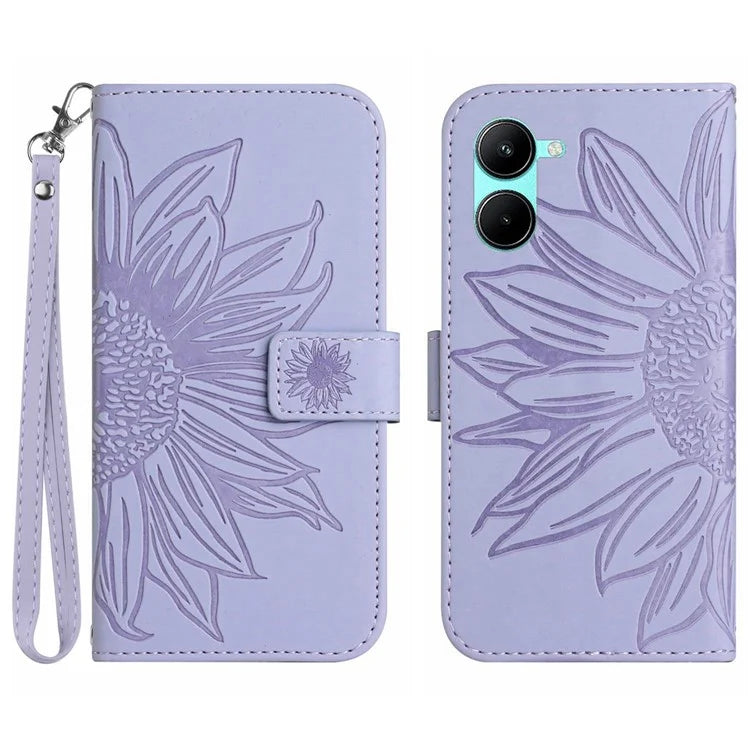 HT04 For vivo Y03 Wallet Case Sunflower Leather Stand Phone Cover with Wrist Strap