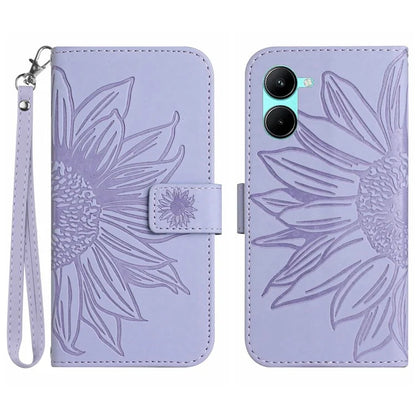 HT04 For vivo Y03 Wallet Case Sunflower Leather Stand Phone Cover with Wrist Strap