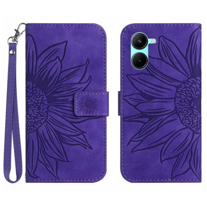 HT04 For vivo Y03 Wallet Case Sunflower Leather Stand Phone Cover with Wrist Strap