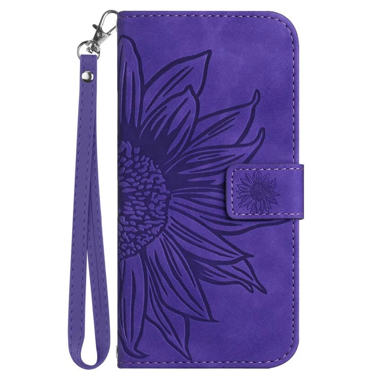 HT04 For vivo Y03 Wallet Case Sunflower Leather Stand Phone Cover with Wrist Strap