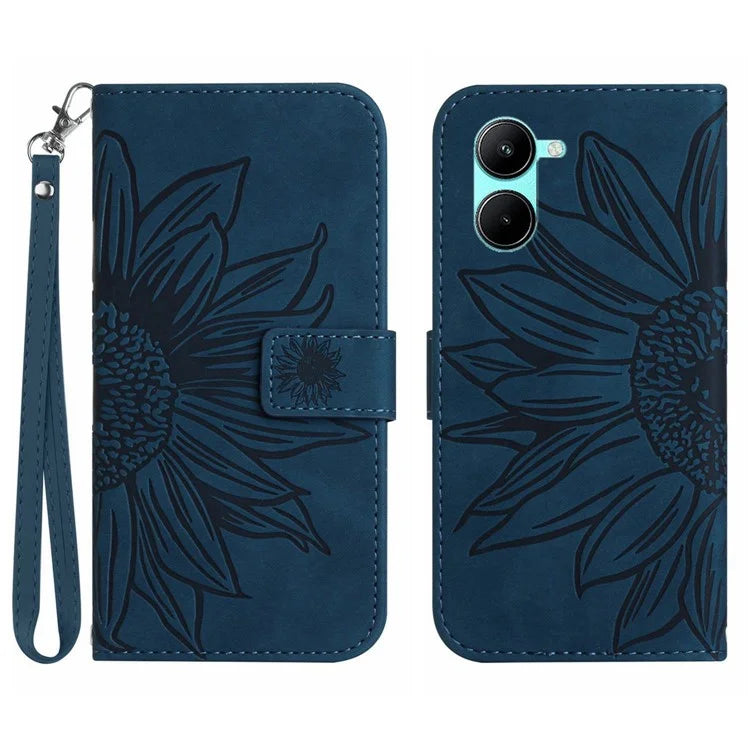 HT04 For vivo Y03 Wallet Case Sunflower Leather Stand Phone Cover with Wrist Strap