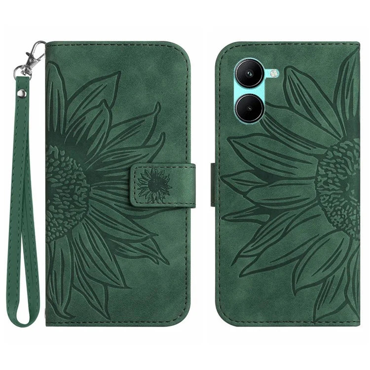 HT04 For vivo Y03 Wallet Case Sunflower Leather Stand Phone Cover with Wrist Strap