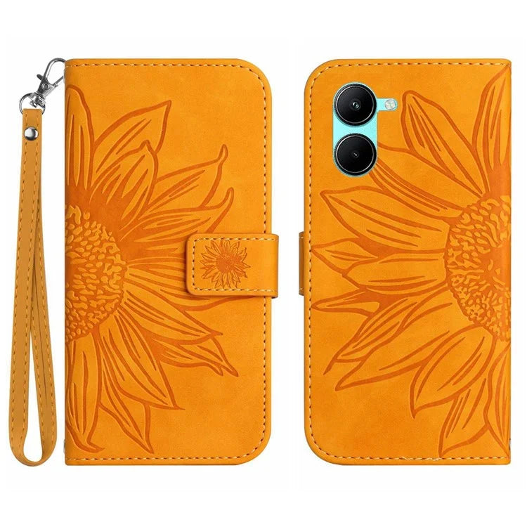 HT04 For vivo Y03 Wallet Case Sunflower Leather Stand Phone Cover with Wrist Strap
