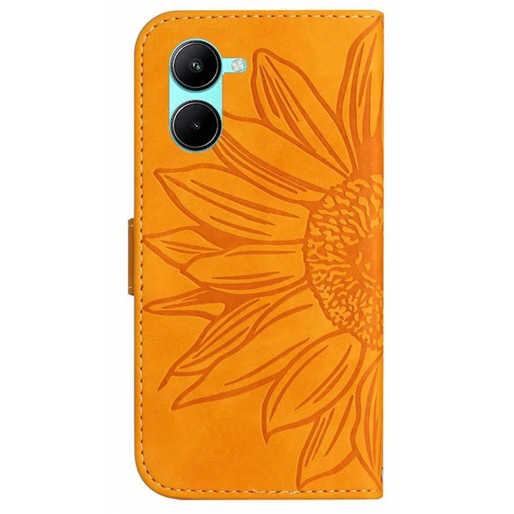 HT04 For vivo Y03 Wallet Case Sunflower Leather Stand Phone Cover with Wrist Strap