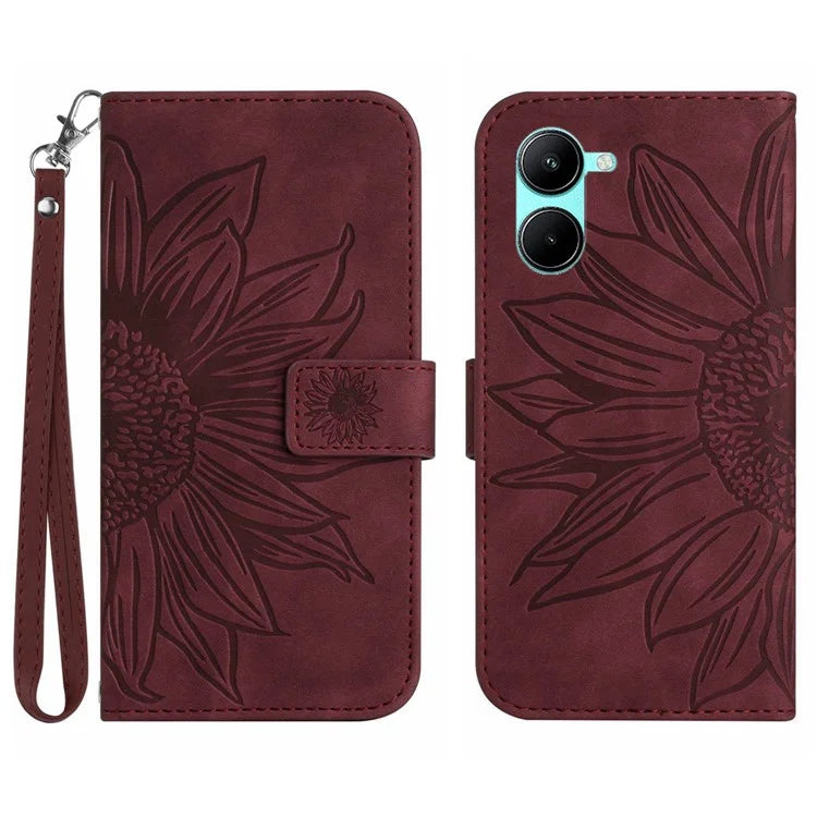 HT04 For vivo Y03 Wallet Case Sunflower Leather Stand Phone Cover with Wrist Strap