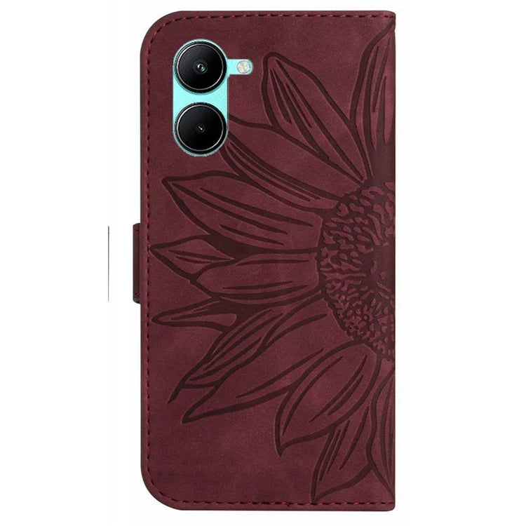 HT04 For vivo Y03 Wallet Case Sunflower Leather Stand Phone Cover with Wrist Strap