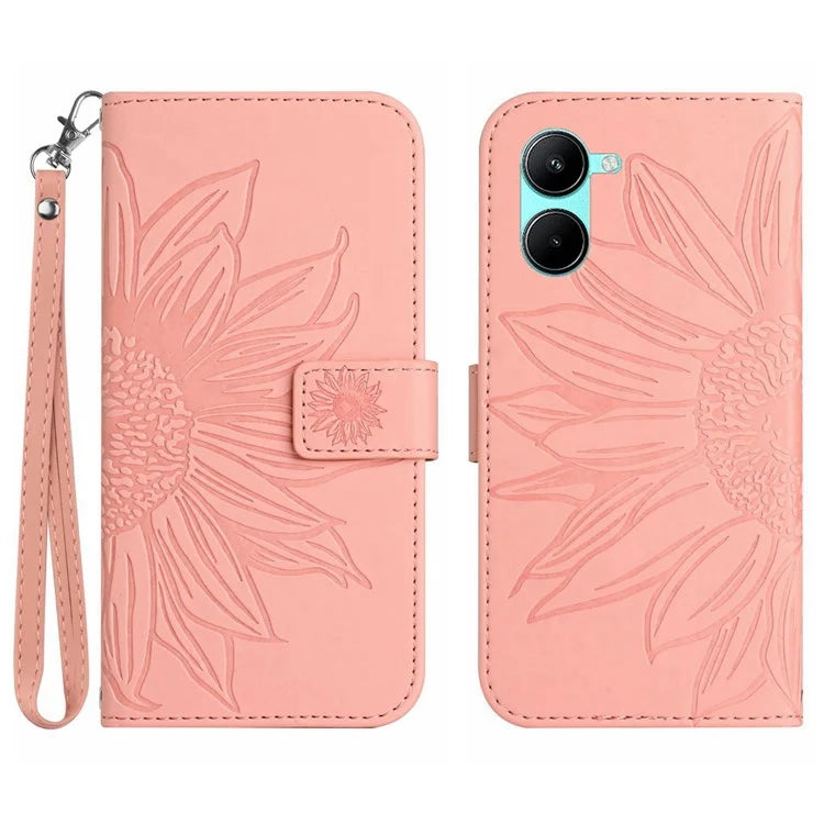 HT04 For vivo Y03 Wallet Case Sunflower Leather Stand Phone Cover with Wrist Strap