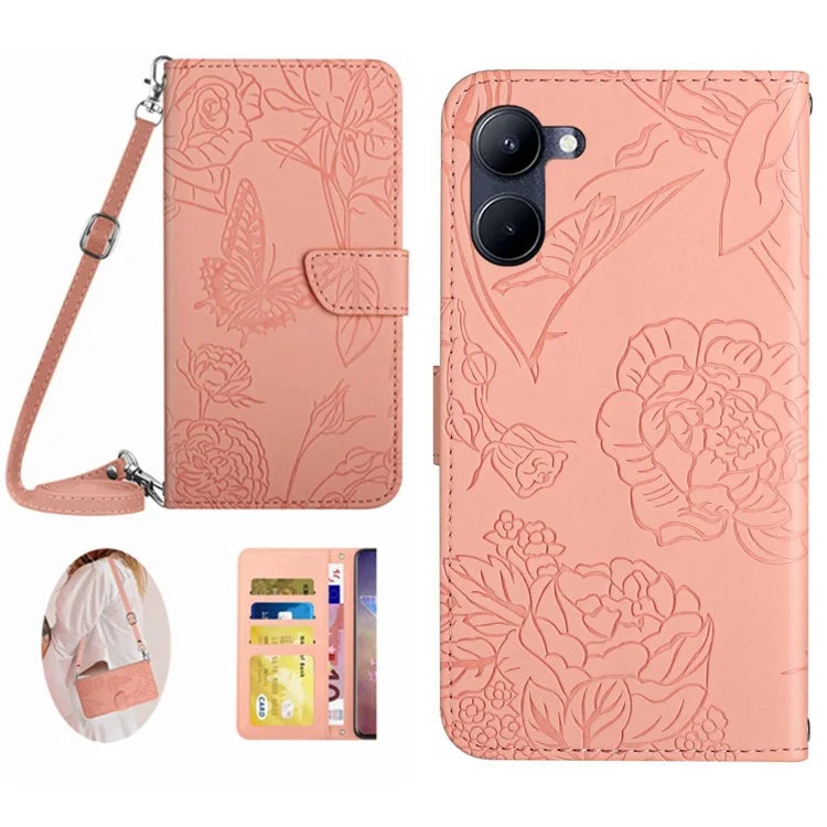 HT03 For vivo Y03 Case Butterfly Skin-touch Feeling Phone Stand Cover with Shoulder Strap