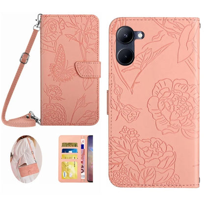 HT03 For vivo Y03 Case Butterfly Skin-touch Feeling Phone Stand Cover with Shoulder Strap