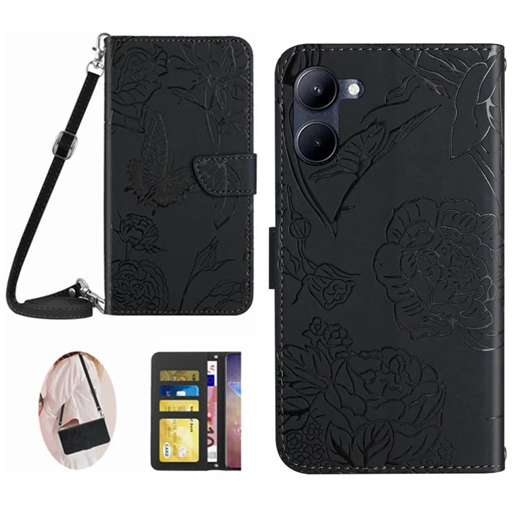 HT03 For vivo Y03 Case Butterfly Skin-touch Feeling Phone Stand Cover with Shoulder Strap
