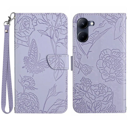 HT03 For vivo Y03 Leather Case Butterfly Flower Phone Wallet Cover with Hand Strap